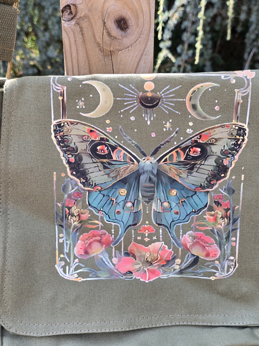 Olive Green Canvas Tote with Blue Butterfly Print